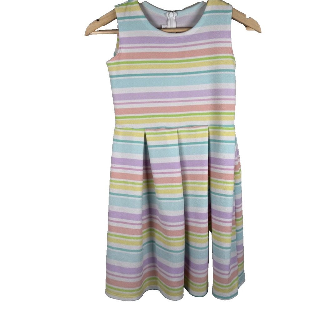 Bonnie Jean Girls Sz‎ 12 Sleeveless Halter Dress Striped Pastel Pleated Easter